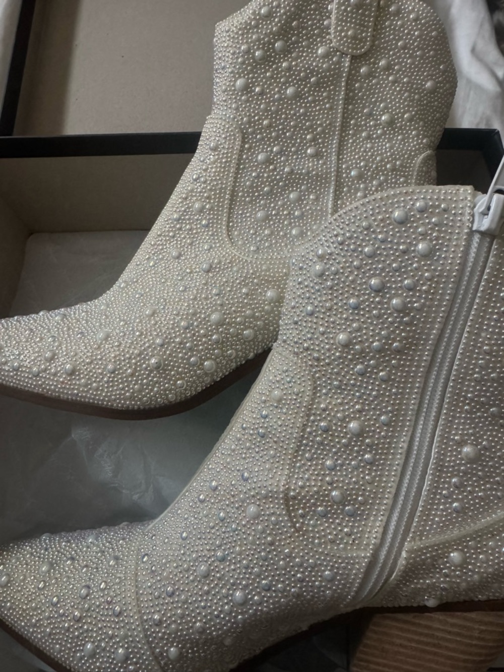 Betsey Johnson Ivory Crystal & Pearl Embellished Ankle Boots - Picture 2 of 4
